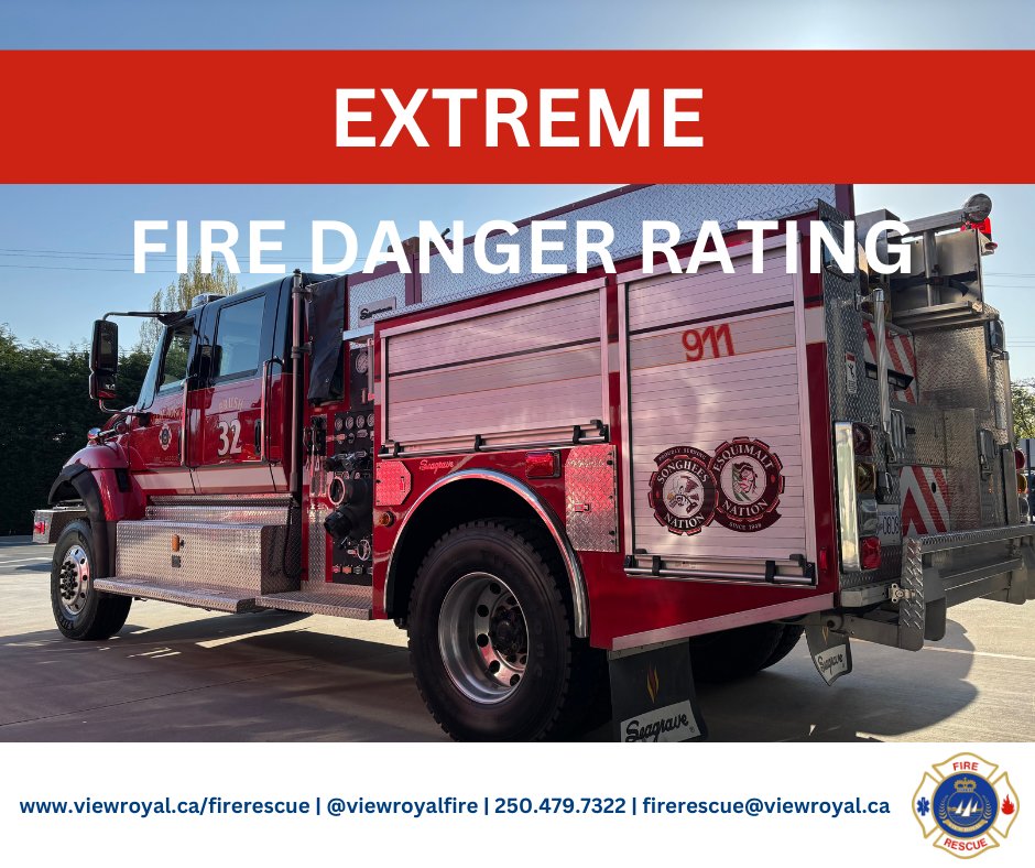 Fire Danger Rating: Extreme

Extremely dry forest fuels. Fire risk is very serious. New fires will start easily, spread rapidly, and challenge fire suppression efforts. General forest activities may be restricted.

No outdoor burning of any kind permitted in View Royal.