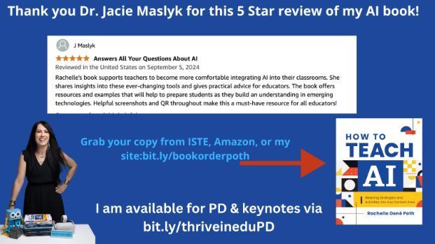 Happy Monday! Thanks, Jacie, for the great review! Learn more about #AI via my latest book &amp; read the reviews! Contact me to provide PD &amp; keynotes. Get a copy today via ISTE, Amazon, or the link in the image. #education #edtech #edchat #generativeAI #k12 @ISTEOfficial