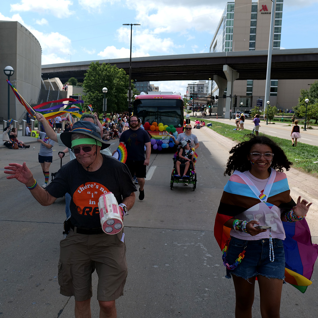 The bus is for all of us! 🏳️‍🌈🚍
We all ride with pride - thanks to our staff and their families for joining us this year at <a href="/heartlandpride/">Heartland Pride</a>!