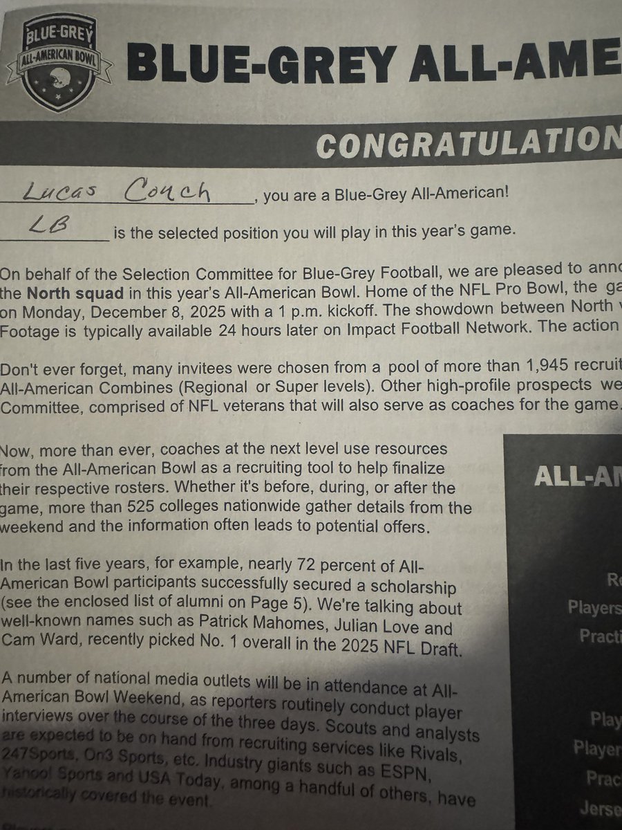 Lucas Couch (@couch2lucas) on Twitter photo I’m honored to be named a Blue-Grey Football All American. Even more honored to be added to the North team roster as LB for the 2026 All American Bowl. Talk about a blessing from god…Thanks <a href="/BlueGreyFB/">Blue-Grey All-American Bowl</a> , <a href="/KstillsR/">Ken Stills</a> , and everyone who believed in me. I’m honored to be named a Blue-Grey Football All American. Even more honored to be added to the North team roster as LB for the 2026 All American Bowl. Talk about a blessing from god…Thanks <a href="/BlueGreyFB/">Blue-Grey All-American Bowl</a> , <a href="/KstillsR/">Ken Stills</a> , and everyone who believed in me.