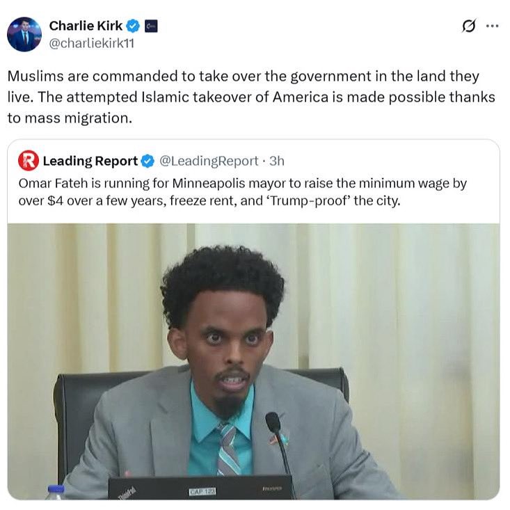 Twin Cities DSA 🌹 (@twincitiesdsa) on Twitter photo This is disgusting, bigoted fearmongering.
But it’s also a sign that the billionaire class and their paid mouthpieces like Charlie Kirk are terrified to see elected leaders like <a href="/OmarFatehMN/">Omar Fateh</a> and <a href="/ZohranKMamdani/">Zohran Kwame Mamdani</a> offering real solutions for working Americans. This is disgusting, bigoted fearmongering.
But it’s also a sign that the billionaire class and their paid mouthpieces like Charlie Kirk are terrified to see elected leaders like <a href="/OmarFatehMN/">Omar Fateh</a> and <a href="/ZohranKMamdani/">Zohran Kwame Mamdani</a> offering real solutions for working Americans.