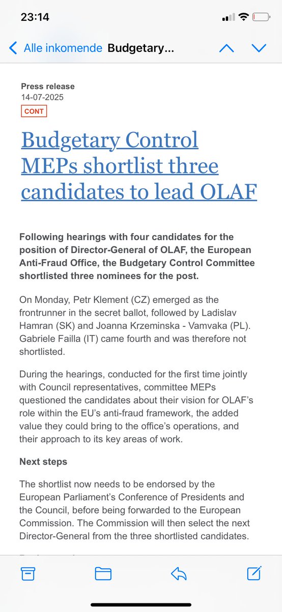 📣 The European Parliament wants EPPO candidate Peter Klement to lead European anti-fraud office OLAF. The order still needs to be endorsed by EU countries (should not be an obstacle, I’m told). The Commission will have the final say, but this order will be hard to ignore