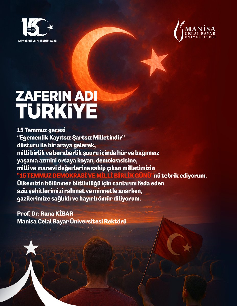 15 Temmuz gecesi “Egemenlik Kayıtsız Şartsız Milletindir” düsturu ile bir araya gelerek, milli birlik ve beraberlik şuuru içinde hür ve bağımsız yaşama azmini ortaya koyan,  milletimizin "15 Temmuz Demokrasi ve Milli Birlik Günü"nü tebrik ediyorum...