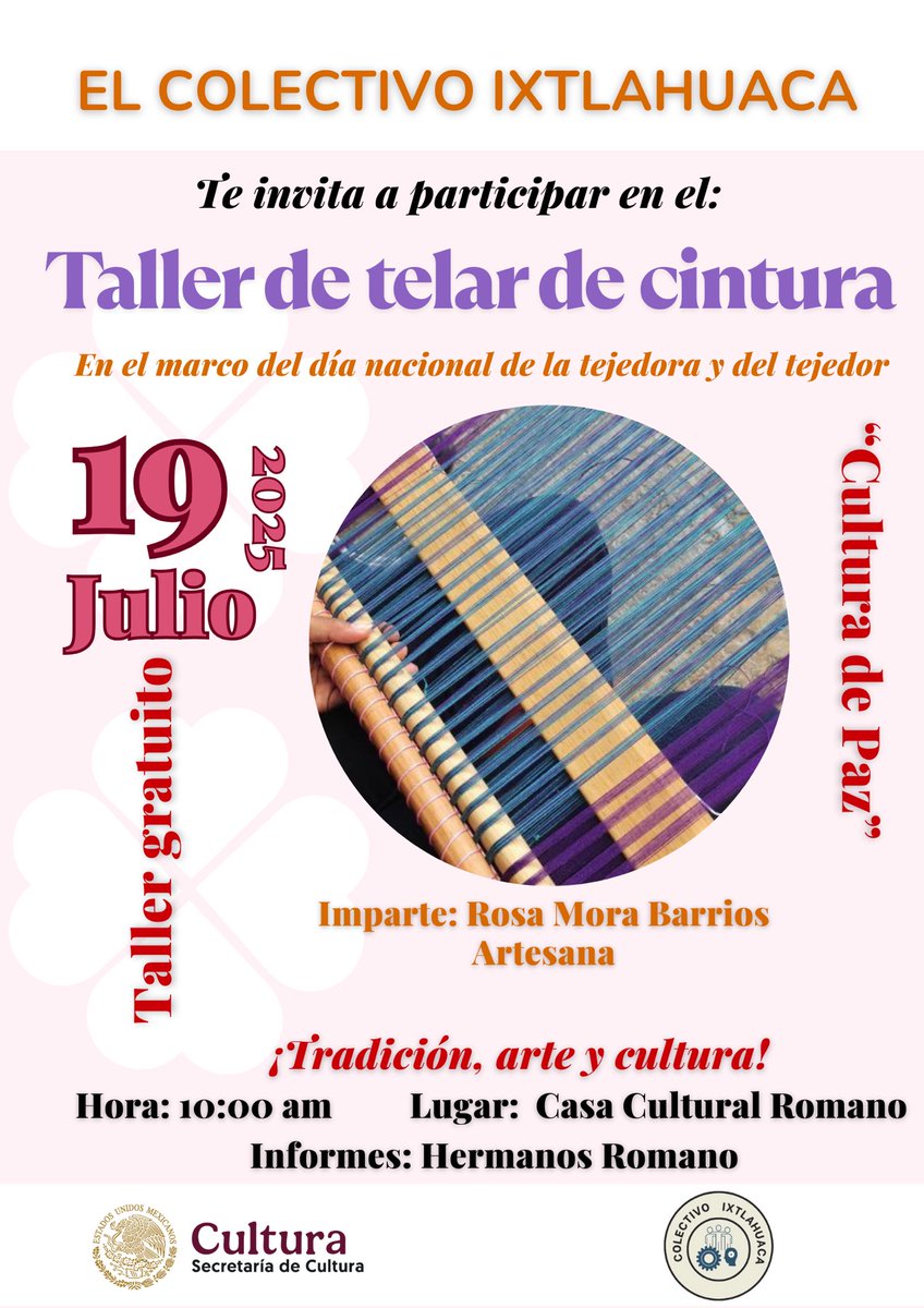 artechiconahui's tweet photo. Te invitamos a participar en el taller de telar de cintura, próximo 19 de julio 2025.

En el marco del Día Nacional de la Tejedora y del Tejedor.

Hora: 10:00 AM
¡Te esperamos!

#CulturaDePaz
#colectivoixtlahuaca
#hermanosromano https://t.co/VRvJV7J2E5