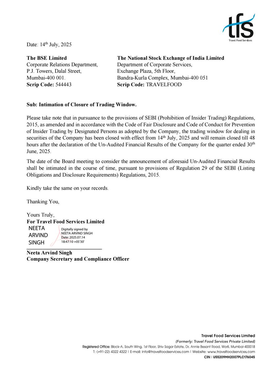 boy_daze's tweet image. #Travel Food Services IPO
#TFS
#Announcement
Result will be released soon for Q1
Closure of trading window today
@bansalabhishek5