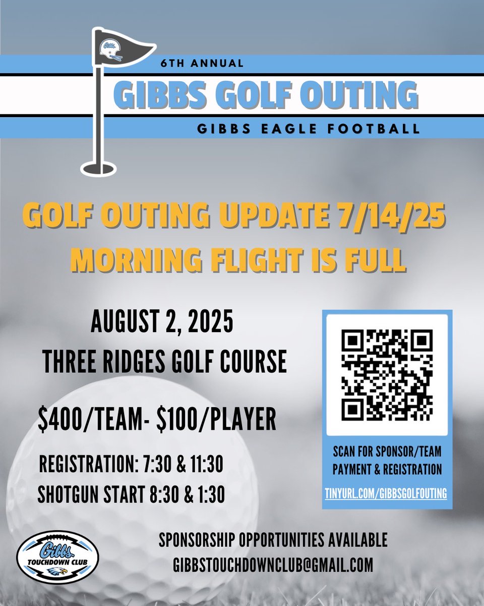 Eagle fans, as of this afternoon, the morning flight of the Gibbs Golf Outing has been filled. All team registrations from today until the event will be placed in the afternoon flight. 

Thank you to all the teams that have registered! But there is still time if you haven’t yet!