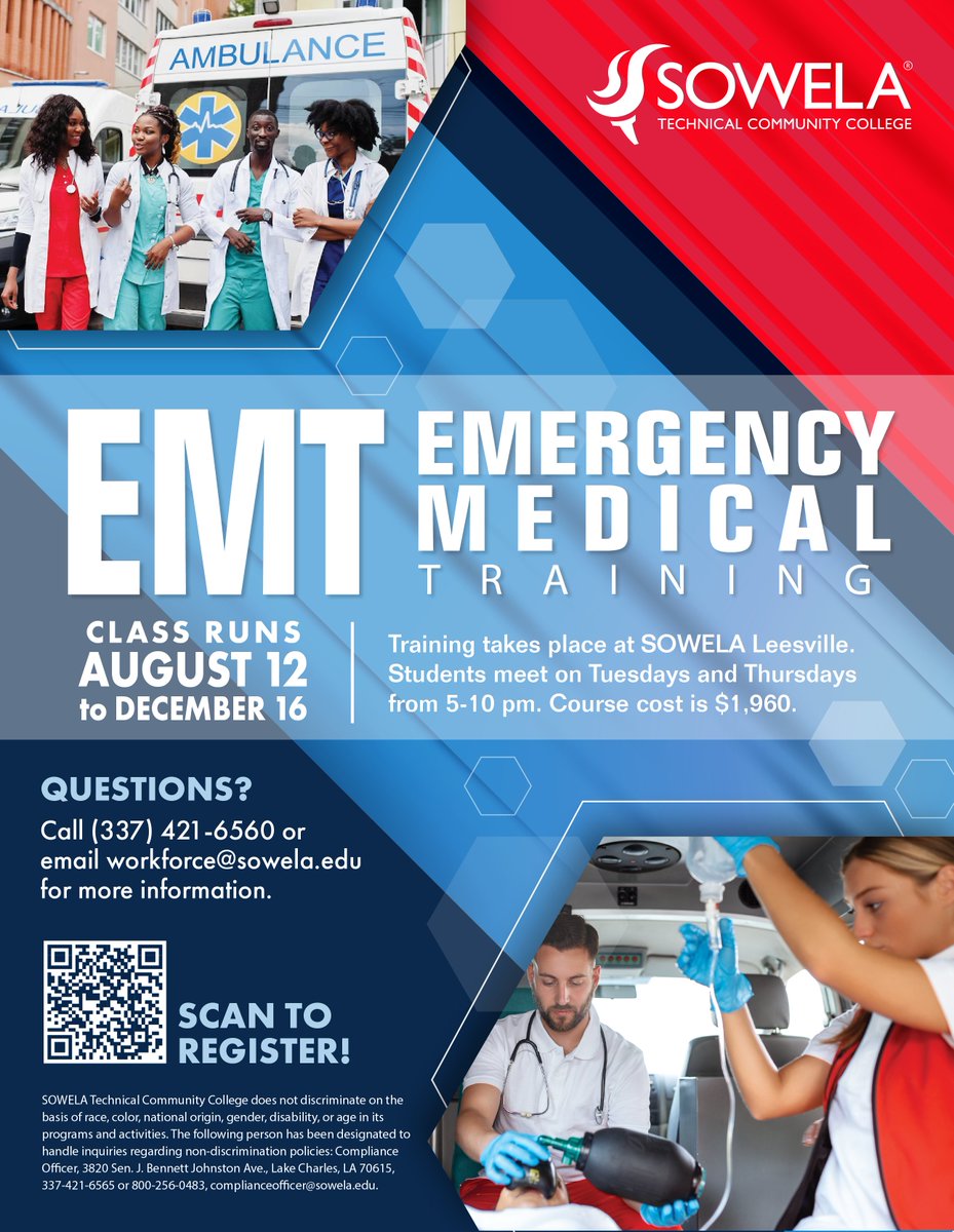 SowelaTCC's tweet image. 🚑 Ready to make a real difference in your community?
Train to become an Emergency Medical Technician (EMT) with SOWELA’s accelerated, hands-on program. Apply now for the next class: sowela.edu/emt
#EMTTraining #HealthcareCareers #SOWELA #WorkforceReady