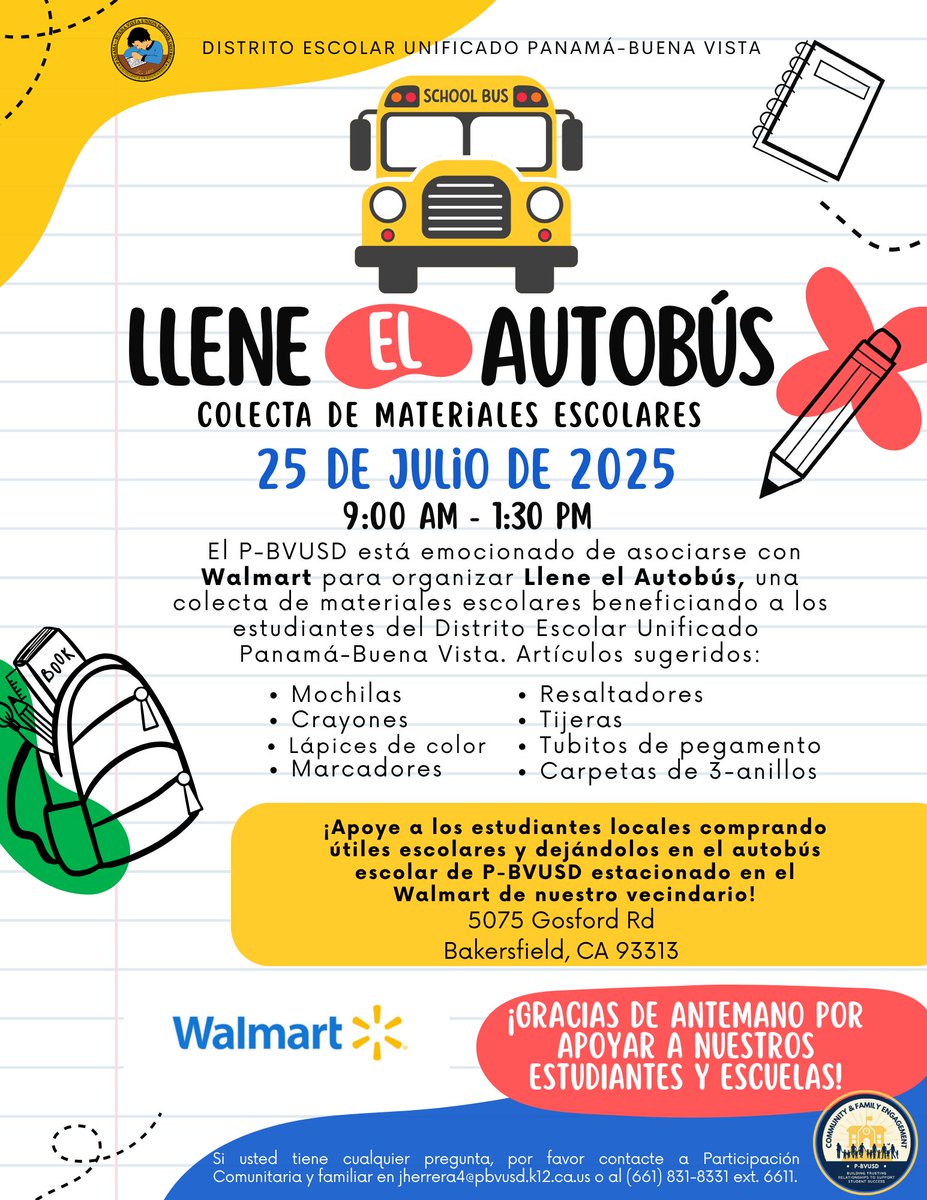 PBVUSD's tweet image. We are excited to announce that we will be hosting our annual Stuff the Bus School Supply Drive in partnership with Walmart on July 25, 2025. Join us at the Walmart on Gosford from 9:00 a.m. to 1:30 p.m. to donate new school supplies for P-BUVSD students!
We invite you to share!