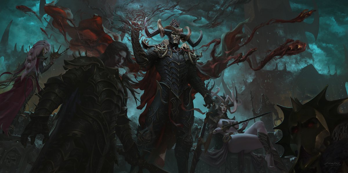 It's good to be bad! Here we have a full selection of all the main baddies from the Druchii society!🗡️🩸

We have the Big G himself - Malekith. There's also Morathi, his mom, Malus Darkblade, Hellebron and Lokhir Fellheart.👺

Art by heilian: artstation.com/heilian7788
#WarhammerArt