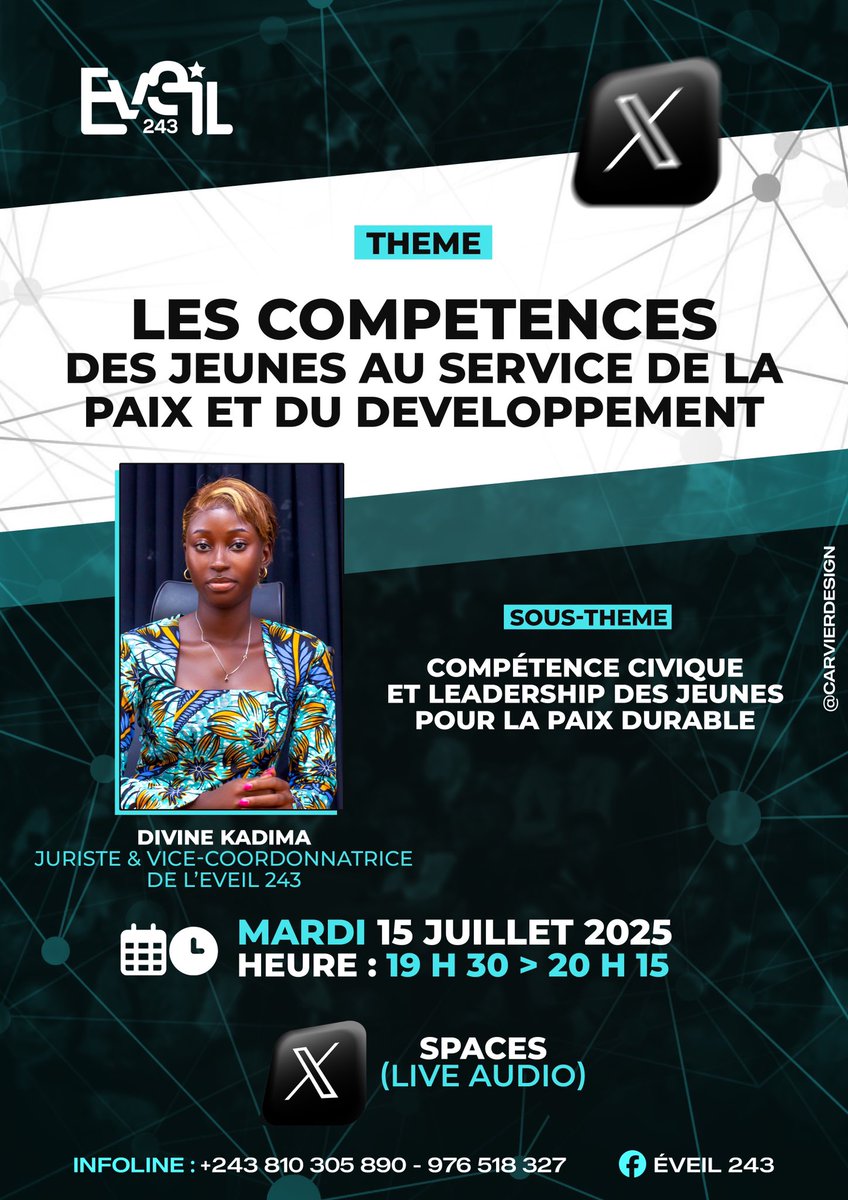 divinemasengo's tweet photo. Ce 15 juillet de 19h30 à 20h15, rejoignez-nous sur X pour une conférence en Space sur : « Les compétences des jeunes au service de la paix et du développement »
Le Space sera lancé depuis le compte @rabbikabamba— abonnez-vous pour ne rien rater ! @herve_ntini @KalonjiAuguy3 https://t.co/JzfxhTkSCO