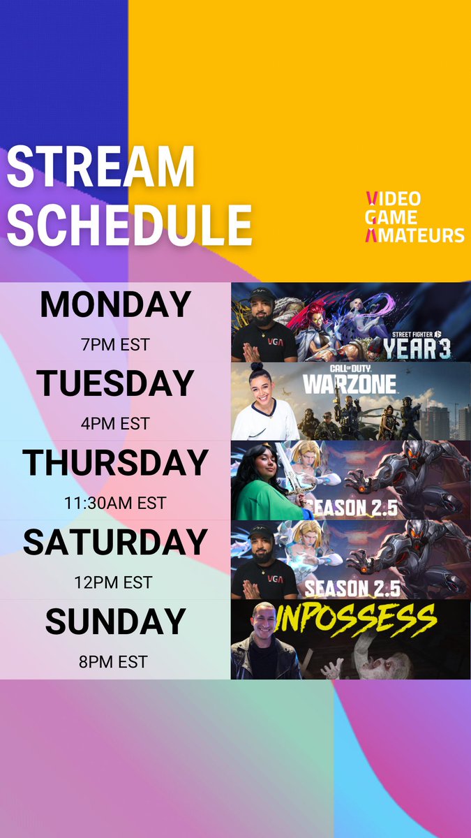 📅 Weekly VGA Stream Schedule:

🥋 Monday @ 7PM – <a href="/brandonlyfe_/">BRVNDON</a> is back in the Battle Hub with Street Fighter 6 getting ready for Sagat’s return. Pull up and throw hands.

🎯 Tuesday @ 4PM – <a href="/StephhCakess/">DJ Steph🎂</a> returns to COD Warzone. Load up and lock in!

🐾 Thursday @ 11:30AM –