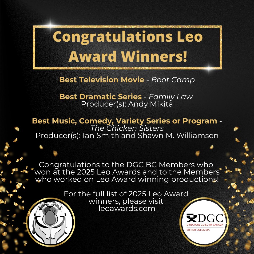 Congratulations to all DGC BC Members who received awards at the 2025 Leo Awards this weekend! We're also proud to celebrate every Member who was part of the talented teams behind this year's winning productions.