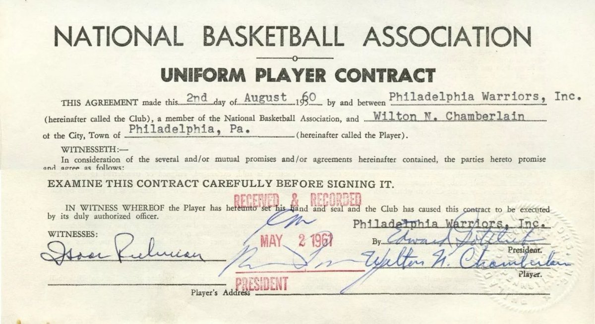 An insane piece of NBA history is up for grabs…👀

Wilt Chamberlain’s original rookie contract — finalized in 1960 after his epic first NBA season with the Philadelphia Warriors.

A document that launched one of the most dominant careers the sport has ever seen.

Signed by Wilt