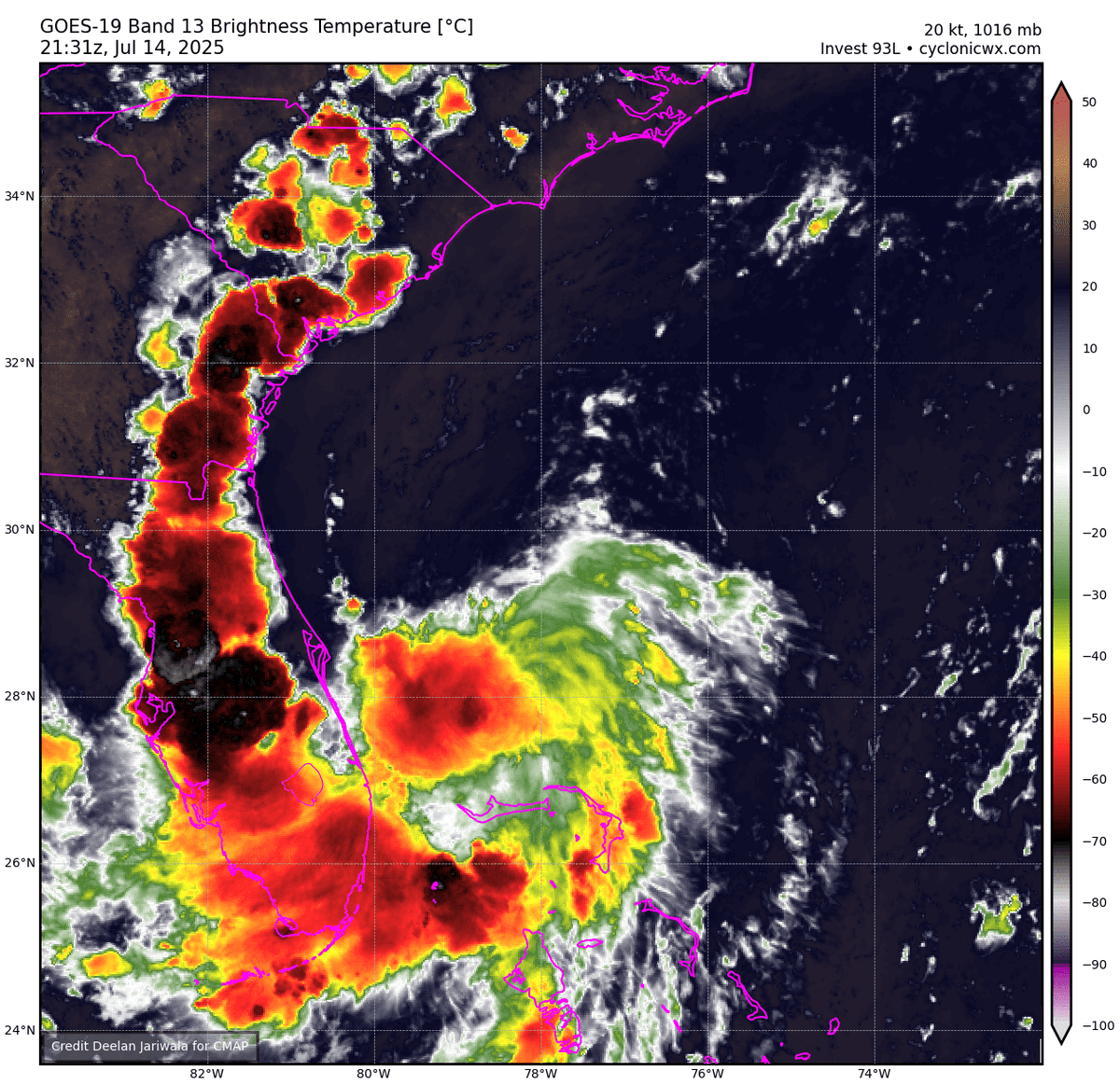 cyclonicwx's tweet image. Looks like some issues with the GOES data flowing right now. Luckily this year I've got a backup which is keeping things up to date. Only downsides are no data south of the equator and low resolution visible data in full disk. #93L still appears sheared, and its convection is…