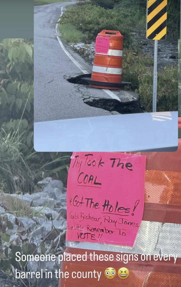 Smokahontas2024's tweet image. Spotted some top-tier roadside commentary today: a pothole-ridden stretch of county road, each barrel proudly displaying a bright pink sign reading, “They Took The COAL, I Got The Holes! Thanks Beshear & Ray Jones! Remember to VOTE!!”
Looks like a local with a sharp wit and a…