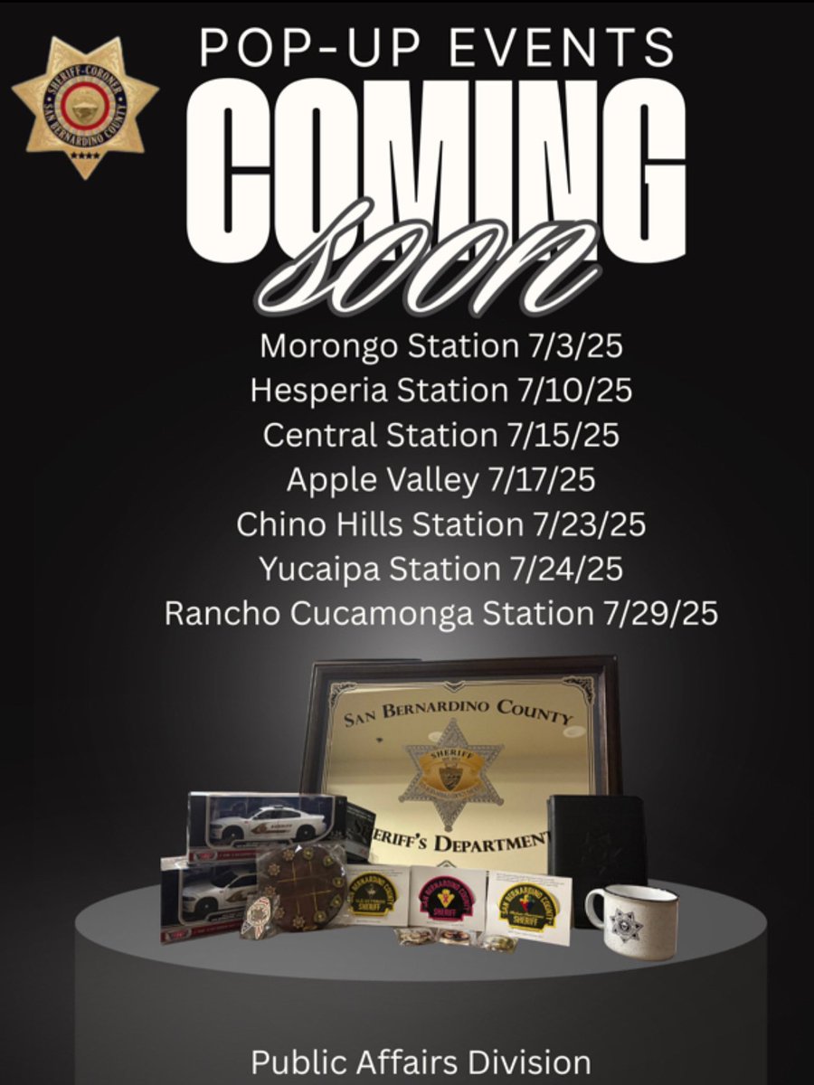 sbcountysheriff's tweet image. PUBLIC AFFAIRS POP-UP EVENTS
1OAM - 2PM|
Look for us in the lobby!
Shop exclusive merch & support a great cause
Every purchase benefits the Tunnel to Towers Foundation-honoring our heroes
•Event Schedule - Don't miss your chance to grab gear & give back!
7/15 - Central Station…