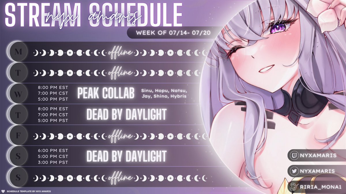 Nyx Amaris ๐โ๏ธ (@nyxamaris) on Twitter photo Stream Schedule - July 7 - 13
General: #NyxAmaris
Live: #Yappamaris
SFW: #NyxARTmaris / NSFW: #LunarLewd
Wednesday, July 16th @ 8PM EST - Peak Collab with <a href="/SINU3XK9/">Sinu ์ ์ฐ ๐บ๐๏ธ</a> <a href="/HopuDragneel/">Hopu Dragneel</a> <a href="/Natsu_Rosefyre/">Natsu Rosefyre ๐ฅ๐บHellhound Vtuber๐บ</a> <a href="/JayOnigamiVT/">Jay Onigami</a> <a href="/shiba_shino/">ShibaShino (ใใใฐใฎ) ๐ถ๐</a> <a href="/HybrisVT/">๐๏ธ๐๐ฒ๐๐ซ๐ข๐ฌ ๐| VTuber</a> Stream Schedule - July 7 - 13
General: #NyxAmaris
Live: #Yappamaris
SFW: #NyxARTmaris / NSFW: #LunarLewd
Wednesday, July 16th @ 8PM EST - Peak Collab with <a href="/SINU3XK9/">Sinu ์ ์ฐ ๐บ๐๏ธ</a> <a href="/HopuDragneel/">Hopu Dragneel</a> <a href="/Natsu_Rosefyre/">Natsu Rosefyre ๐ฅ๐บHellhound Vtuber๐บ</a> <a href="/JayOnigamiVT/">Jay Onigami</a> <a href="/shiba_shino/">ShibaShino (ใใใฐใฎ) ๐ถ๐</a> <a href="/HybrisVT/">๐๏ธ๐๐ฒ๐๐ซ๐ข๐ฌ ๐| VTuber</a>