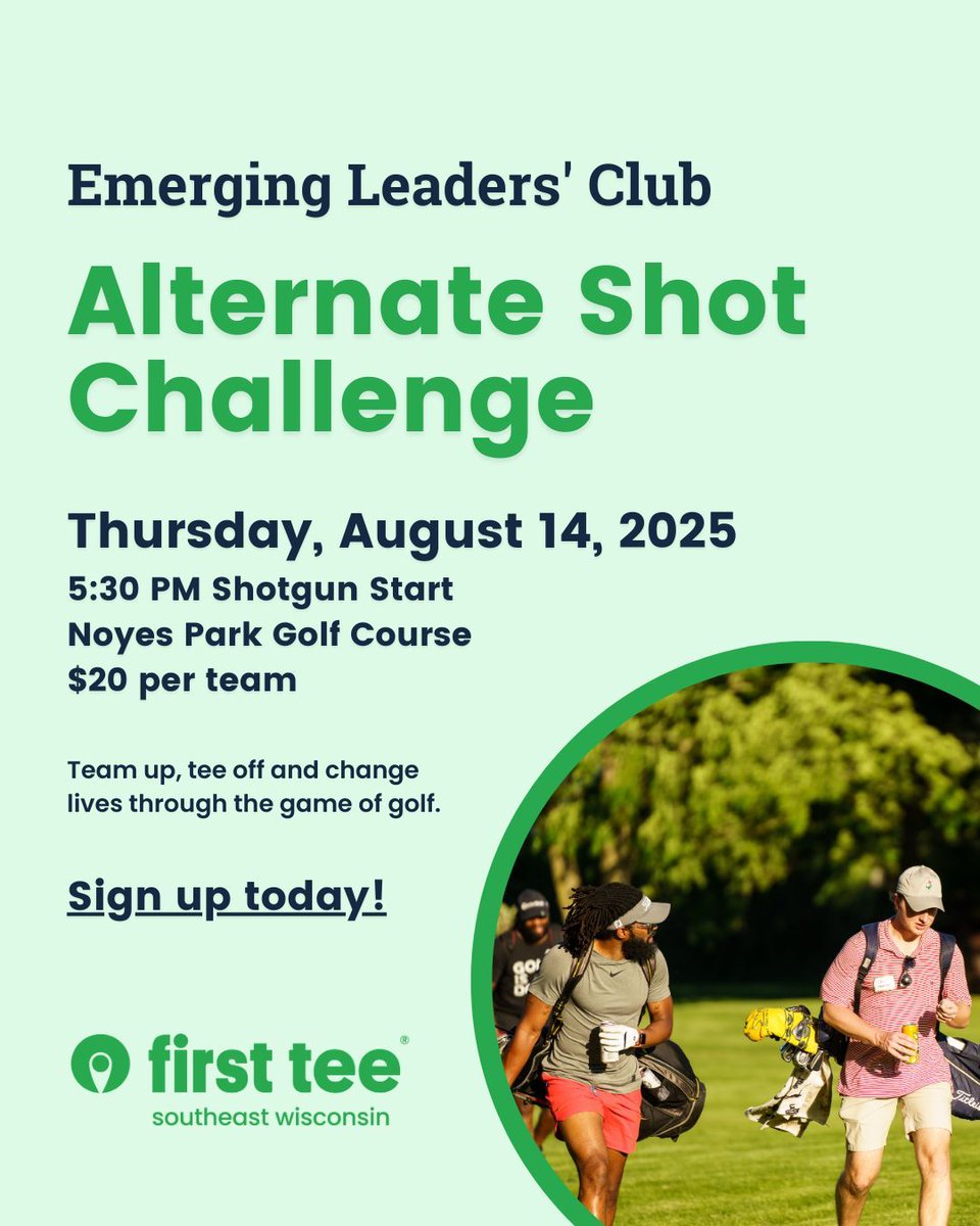 Join us Thursday, August 14 at 5:30 PM for our Alternate Shot Challenge at Noyes Park Golf Course.

✅ $10 per player | $20 per team
🎯 Alternate shot format – perfect for golfers of all levels

go.firstteesew.org/alternate-shot 

#FirstTeeSEW | #BuildingGameChangers