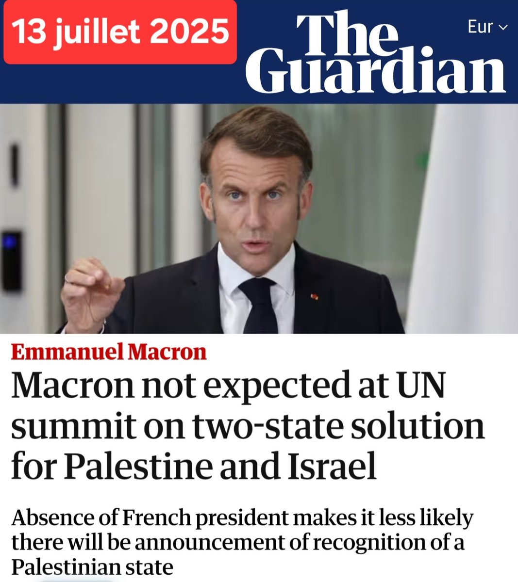 MACRON EST UNE LÂCHE MARIONNETTE
▪️9 avril 2025
Macron annonce qu'il veut reconnaître
l'État palestinien en juin
▪️30 juin
Le mois de juin s'achève
il n'a rien reconnu du tout
▪️13 juillet
La presse🇬🇧révèle sa lâcheté: il n'ira même pas au Sommet ONU sur la solution à 2 États🇮🇱🇵🇸