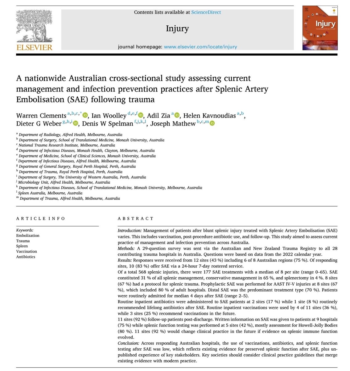 Warren_IR's tweet image. 🚨 New Publication 🚨
We are excited to publish our new cross sectional study assessing current management and infection prevention strategies being used across Australia in the treatment of splenic injury with #embolisation.
doi.org/10.1016/j.inju…
It is great to see that the…