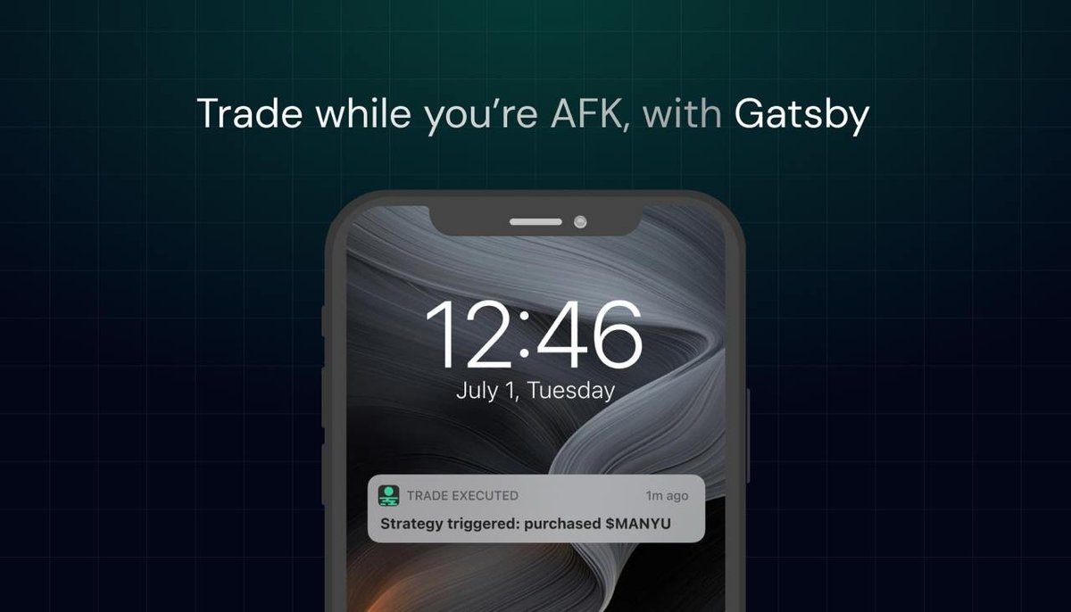 gatsbyfi's tweet image. Finding alpha is not useful unless you're locked in and ready to act on it. Gatsby's trading suite will let you deploy strategies that run 24/7, so that you don't need to be glued to a screen to get your swap in.
With $GATSBY, you'll never miss anything again.