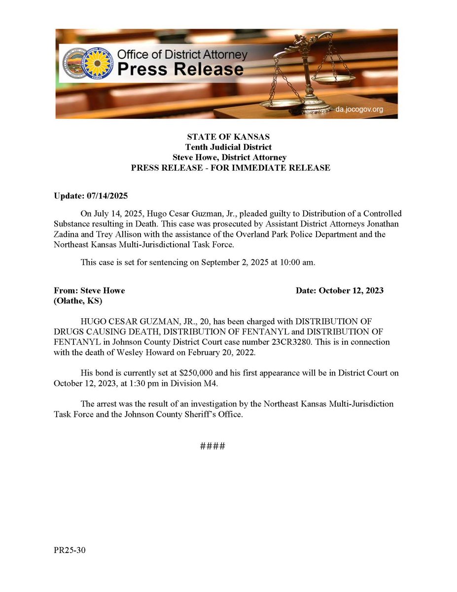 State v. Guzman; 23CR3280. Defendant pleads guilty to Distribution of a Controlled Substance Resulting in Death.