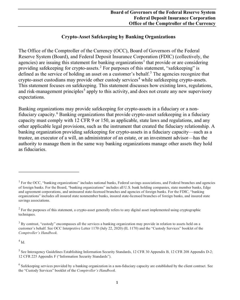 🚨 NEW: The OCC, Fed, &amp; FDIC issue joint crypto custody guidance for banks. 🏦