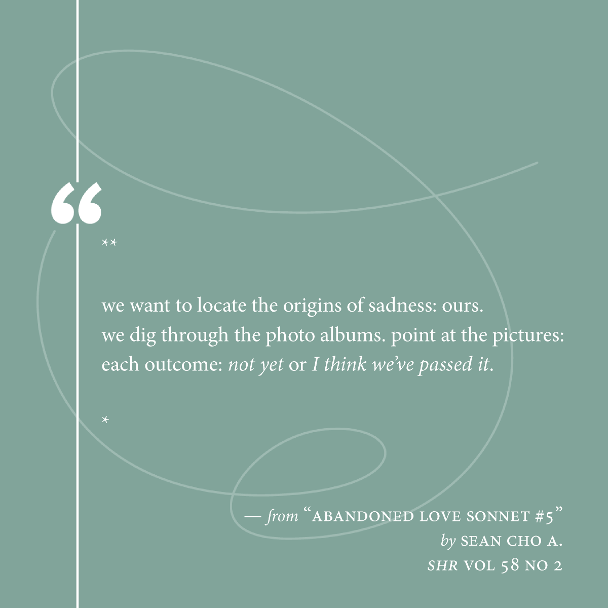 SouthernHumanitiesReview (@southernhreview) on Twitter photo Locate the origins of sadness in "Abandoned Love Sonnet #5" by <a href="/phlat_soda/">Sean Cho A.</a>
Read more poetry from SHR 58.2: southernhumanitiesreview.com/current-issue.…
#writingcommunity #litmag #poetry Locate the origins of sadness in "Abandoned Love Sonnet #5" by <a href="/phlat_soda/">Sean Cho A.</a>
Read more poetry from SHR 58.2: southernhumanitiesreview.com/current-issue.…
#writingcommunity #litmag #poetry