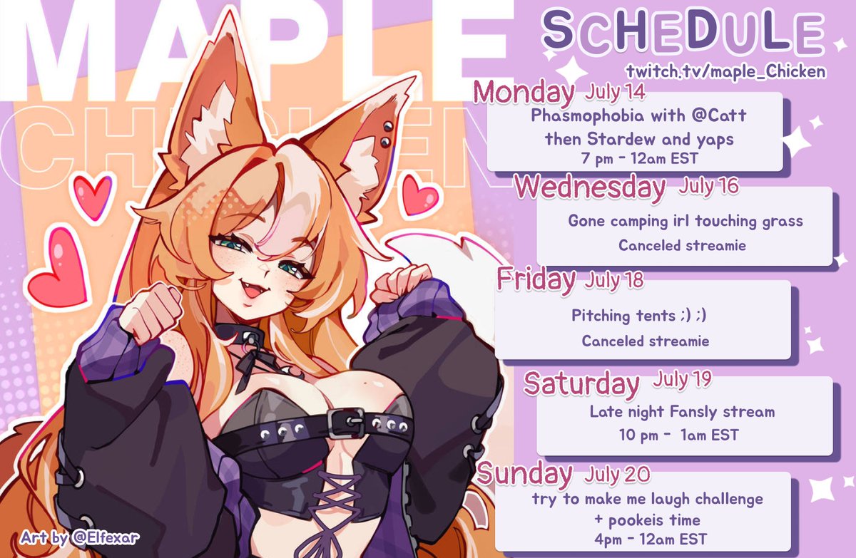 Maple_Chicken's tweet image. Hey guys here is my schedule - I'm camping this week with some friends so I wont be home for two streams but we have some fun streams and a longer stream on Sunday to make up for it :3
CHECK IT