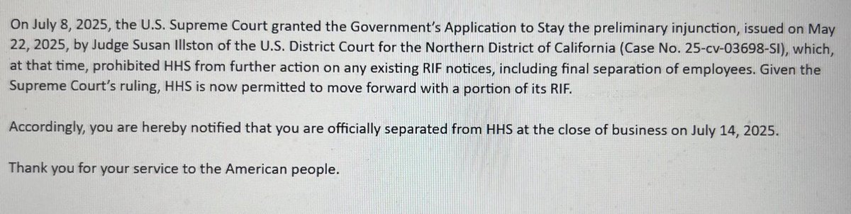 bylenasun's tweet image. NEW: @HHSGov informs many employees that they are now officially separated from HHS at the close of business today, July 14, 2025. “Thank you for your service to the American people.”