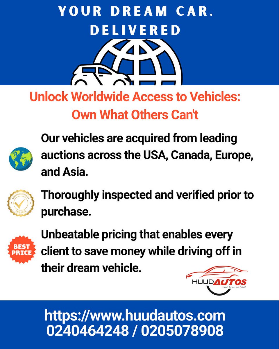 HuudAutos's tweet photo. Get access to the world’s best cars from USA, Canada, Europe &amp; Asia &amp; enjoy unbeatable pricing.
We make your dream car a reality with verified sourcing and transparent delivery.
📲 Reach out now: 0240464248 / 0205078908
#HuudAutos #DreamCarDelivered #AffordableLuxury #ImportWith https://t.co/wvNUEJOpSF