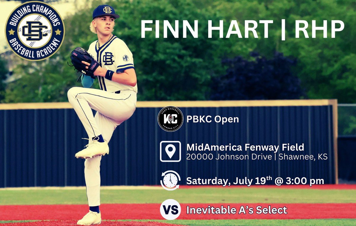 Finn Hart (@finnaginh) on Twitter photo I will be pitching in the PBKC Open 17u Tournament this weekend, here are the details for my start
<a href="/PrepBaseballKS/">Prep Baseball Kansas</a> <a href="/PB_Uncommitted/">Prep Baseball Uncommitted</a> <a href="/Drew_Olla/">Andrew Olla</a> <a href="/BCbaseballtoday/">Building Champions</a> <a href="/BcKarve/">BCKarve</a> I will be pitching in the PBKC Open 17u Tournament this weekend, here are the details for my start
<a href="/PrepBaseballKS/">Prep Baseball Kansas</a> <a href="/PB_Uncommitted/">Prep Baseball Uncommitted</a> <a href="/Drew_Olla/">Andrew Olla</a> <a href="/BCbaseballtoday/">Building Champions</a> <a href="/BcKarve/">BCKarve</a>