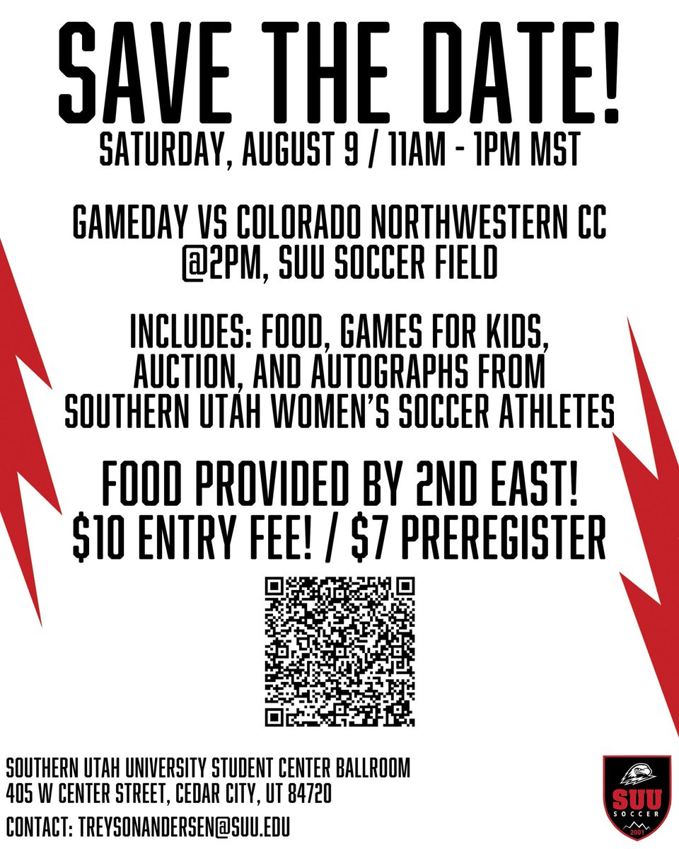 SUUSoccer's tweet photo. 🎉 Join us for the 4th Annual Kickin’ Bird Kickoff!  

Aug. 9 | 11AM–1PM | SUU Ballroom 🍝 Lunch by 2nd East

💵 $7 prereg, $10 at door

Silent auction, kids’ games &amp; more.

Game at 2PM - wear RED!

Register TODAY: https://t.co/GY0Ga2Jbs1

#TBirdNation ⚡️ #RaiseTheHammer https://t.co/C8Ei3I7utg