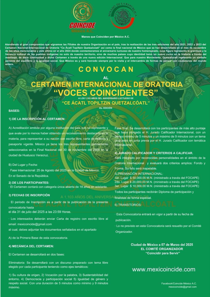 ¿Tienes más de 18 años y te gusta la #oratoria? 

Te invitamos a participar en el Certamen Internacional de Oratoria “Voces Coincidentes”.

🗓️ Inscríbete antes del 31 de julio. 

👉 Más información en mexicoincide.com