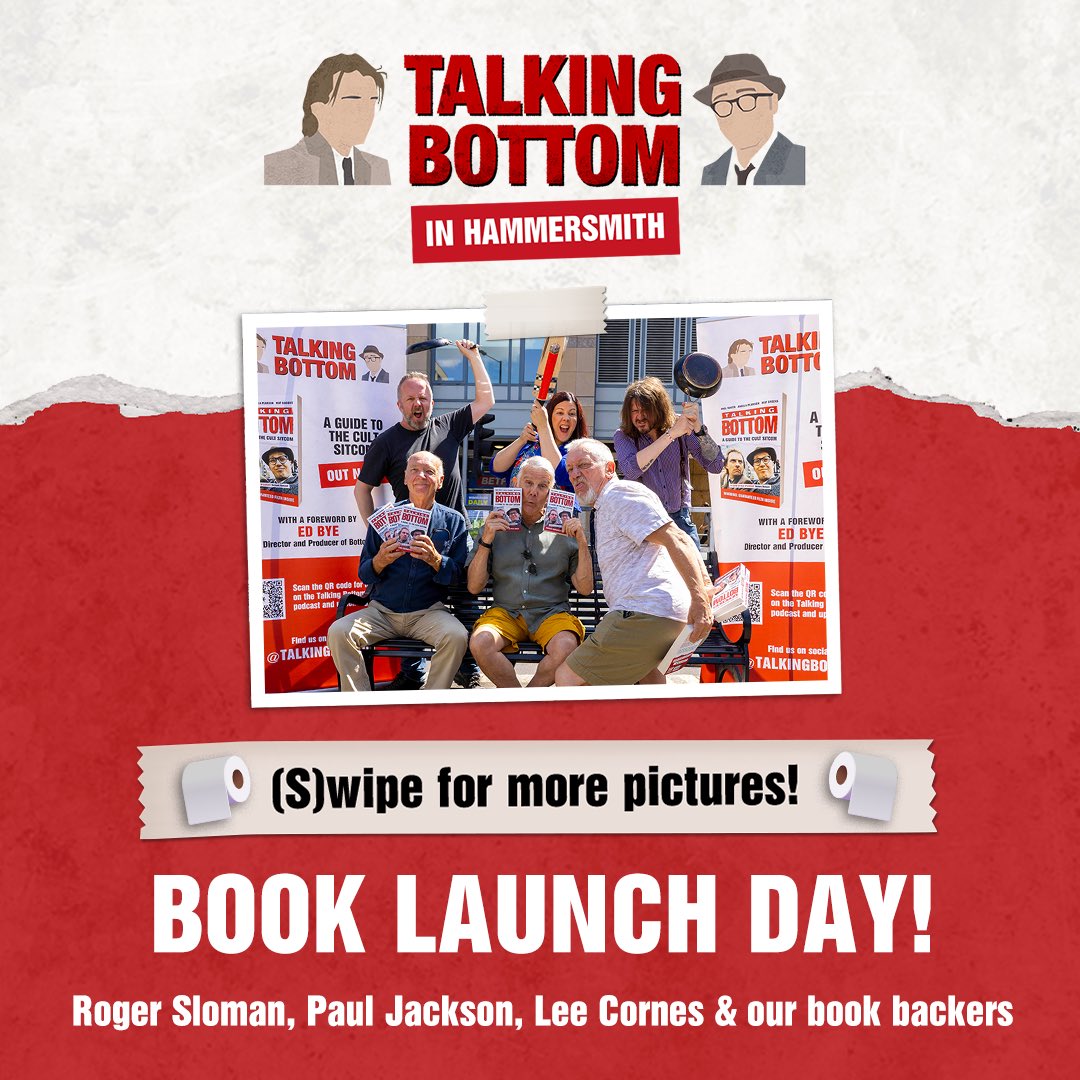 talkingbottom's tweet image. YES. We launched the ruddy bloody book Talking #Bottom: A Guide to the Cult Sitcom! Short new podcast to thank *everyone* who came to #RikMayall’s bench & the @HammersmithRam to collect their books & enjoy a few halves of mild in pint glasses.
Listen here:
tinyurl.com/BottomBookLaun…