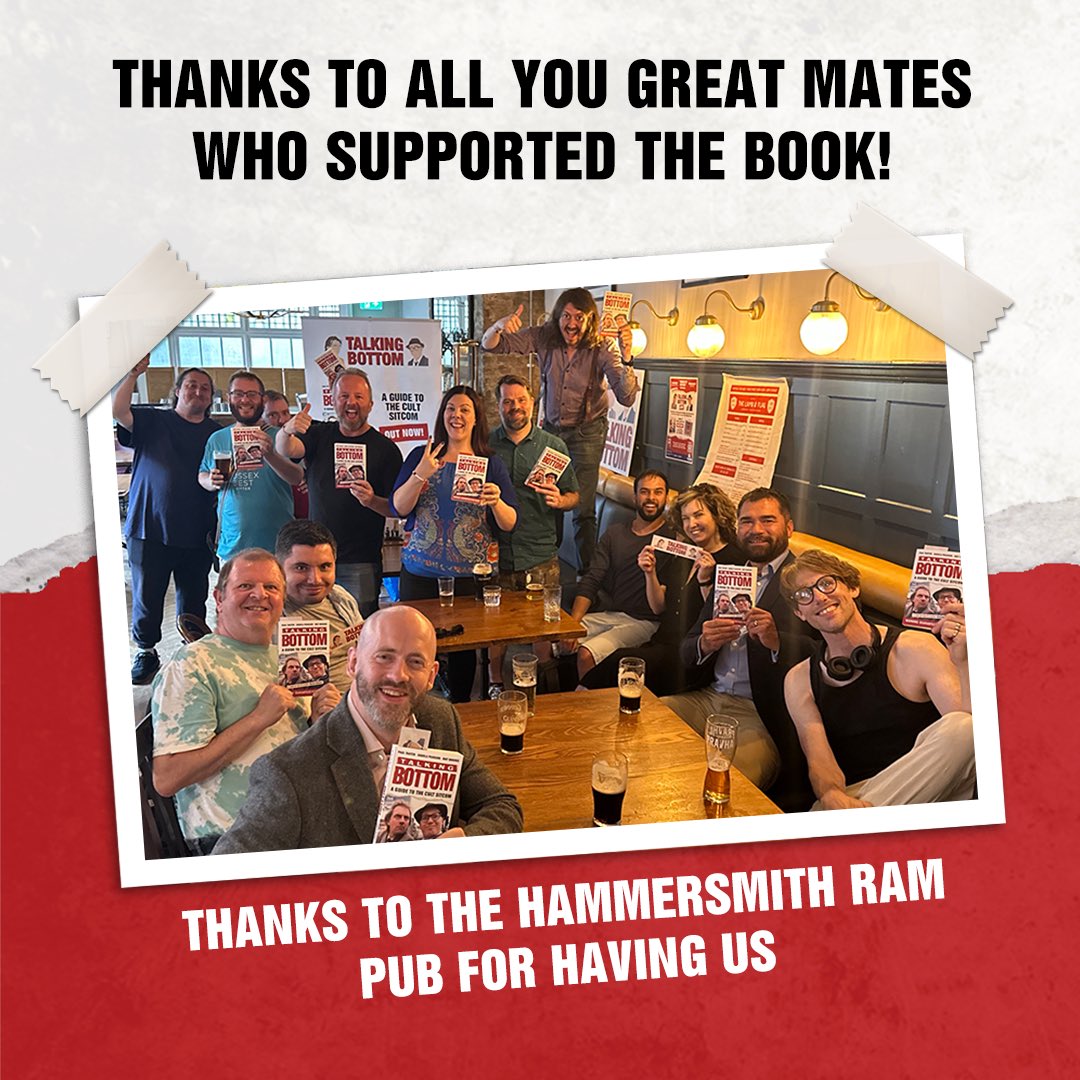 talkingbottom's tweet image. YES. We launched the ruddy bloody book Talking #Bottom: A Guide to the Cult Sitcom! Short new podcast to thank *everyone* who came to #RikMayall’s bench & the @HammersmithRam to collect their books & enjoy a few halves of mild in pint glasses.
Listen here:
tinyurl.com/BottomBookLaun…