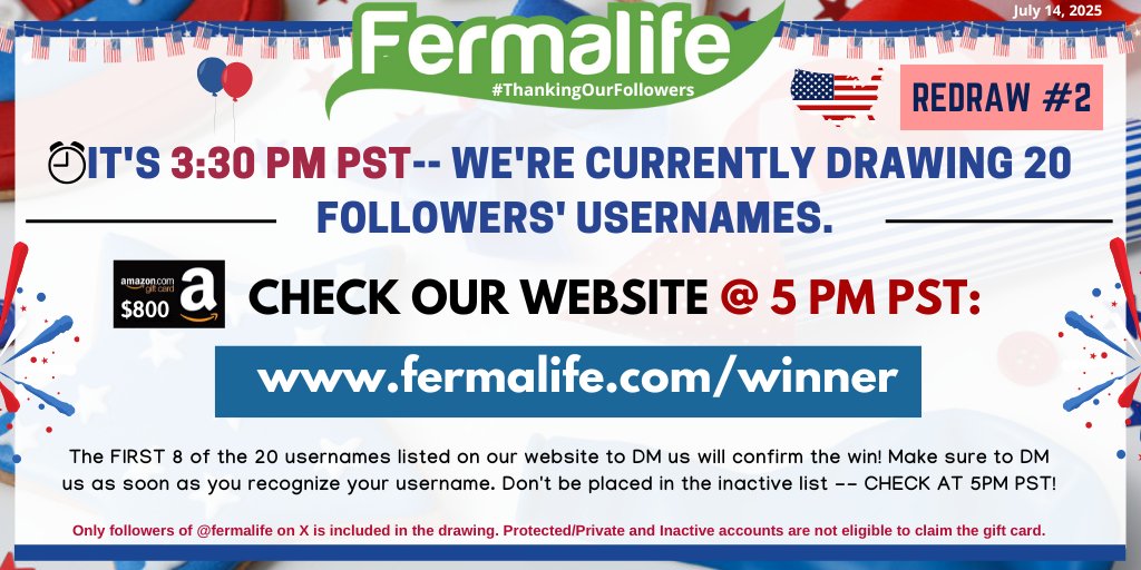 fermalife's tweet image. 📢 We’re currently drawing 20 usernames for REDRAW#2. Check our website at 5PM PST to see if you are one of those listed on our website. The FIRST 8 OF THE 20 TO DM from the list will win! Remember, Redraw #2 is the last & final redraw. CHECK at 5PM PST: fermalife.com/winner