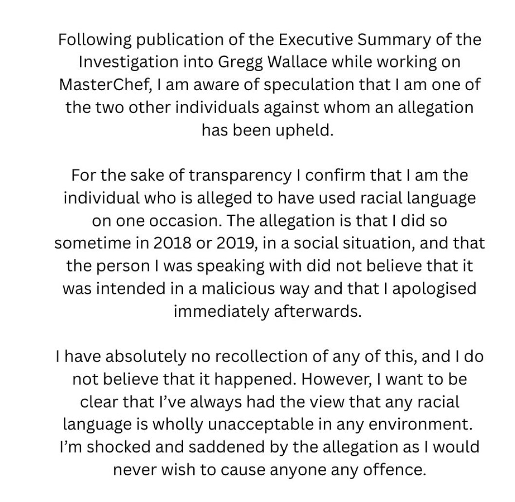 michaelsavage's tweet image. What now for MasterChef?
Presenter John Torode says he is the person cited with an upheld allegation, made in the report into Gregg Wallace, of making a racist comment - but denies it ever happening.
Remember, a whole series is in the can waiting to be shown.