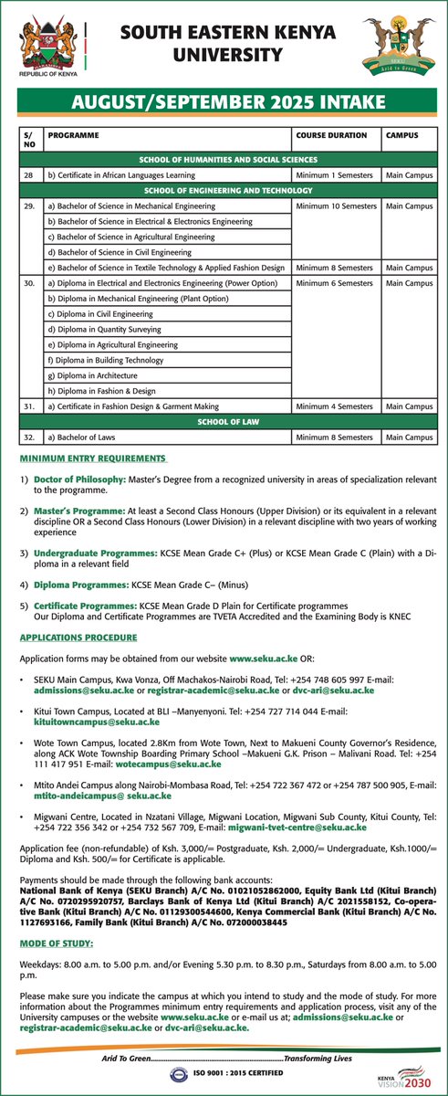 My Gov (@mygovke) on Twitter photo SOUTH EASTERN KENYA UNIVERSITY AUGUST/SEPTEMBER 2025 INTAKE
<a href="/discoverseku/">South Eastern Kenya University</a> SOUTH EASTERN KENYA UNIVERSITY AUGUST/SEPTEMBER 2025 INTAKE
<a href="/discoverseku/">South Eastern Kenya University</a>