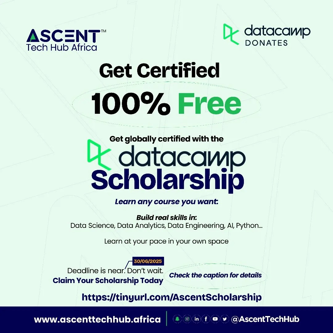 Godswill_96's tweet image. Just took a bold step towards my tech career by registering for the Ascent Tech Hub Africa x DataCamp Scholarship!

Big thanks to @AscentTechHub and @DataCamp for this amazing opportunity.

Apply now

#DataCampDonates #10MMinusOne #AscentTechHub