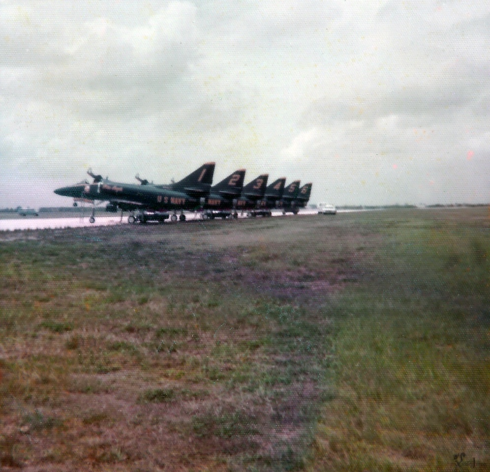 Found this old photo in one of my albums of the Blue Angels and their A-4 Skyhawks. Picture was taken at the Opa-locka airport possibly May 1976. Sorry not the best quality.

From 1974 to 1986, the Blue Angels flew the Douglas A-4F Skyhawk, a sleek and nimble jet chosen to