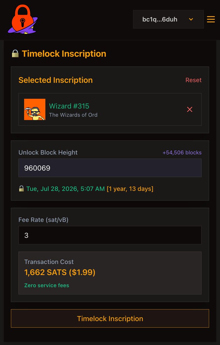 lifofifo's tweet image. If you want holders to lock assets until a specific block height, timelock.space allows crafting special URLs in the /lock/&lt;collection&gt;/&lt;height&gt; format.
Example ๐
timelock.space/lock/wizards/9โฆ
This would be the URL to lock @TheWizardsOfOrd until block 960069 ๐งโโ๏ธ