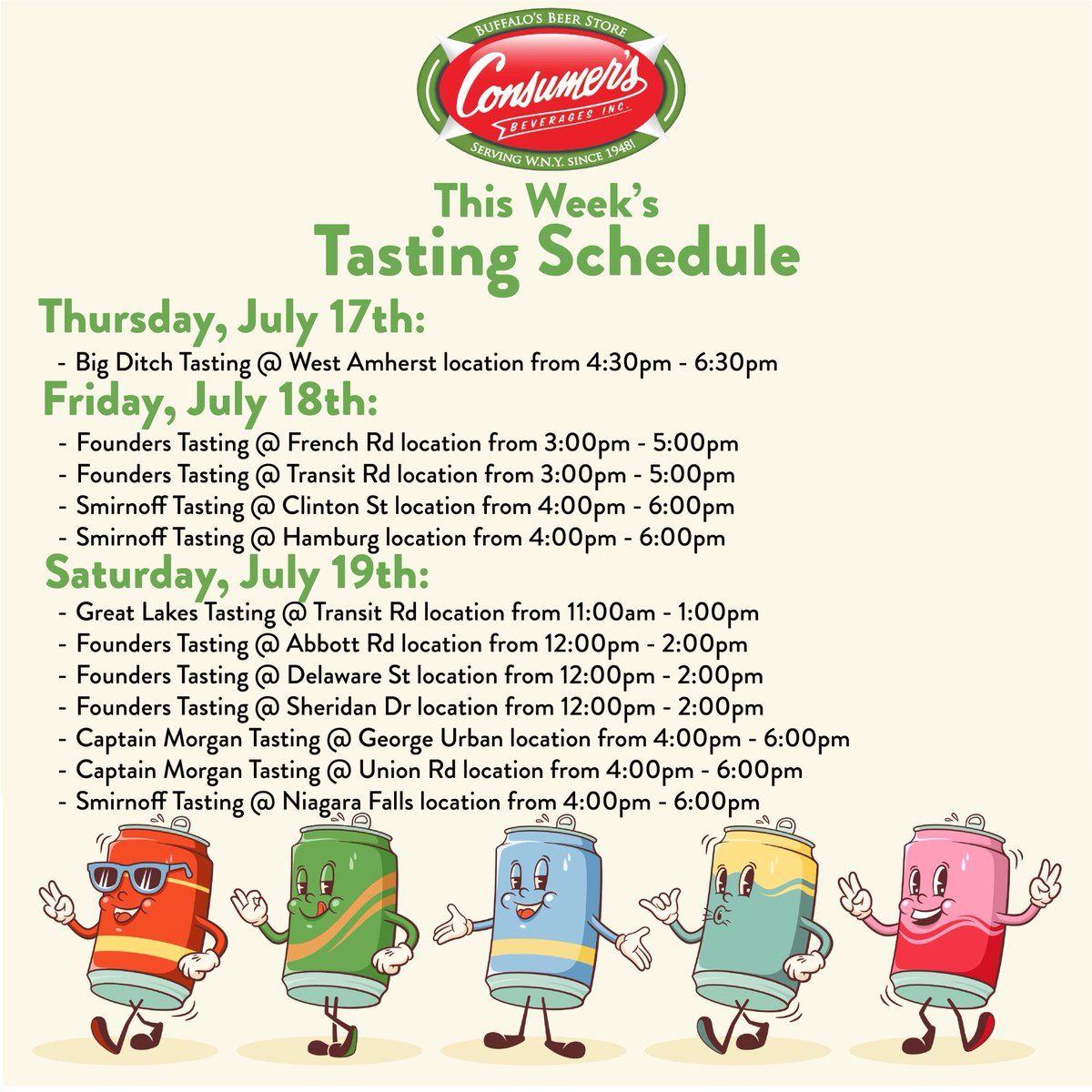 ConsumersBeer's tweet image. Happy Monday, WNY! If you need a look ahead to the weekend already, here’s our tasting schedule! Hope to see you there 🍻
