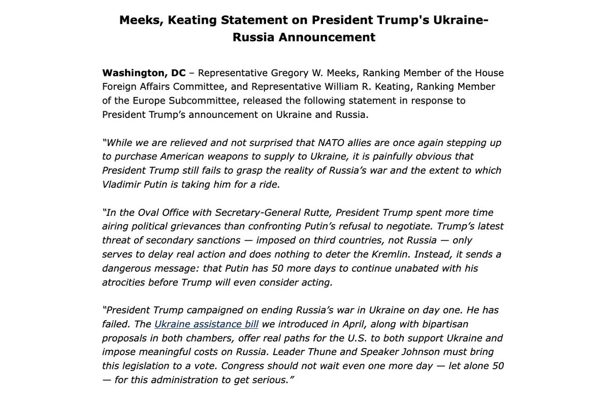 Alex Raufoglu (@ralakbar) on Twitter photo JUST NOW!!! <a href="/HouseForeign/">House Foreign Affairs Committee Dems</a> Democrats Meeks, Keating issue a statement on Trump's Ukraine-Russia announcement
Congress should not wait even one more day — let alone 50 — for this administration to get serious.” JUST NOW!!! <a href="/HouseForeign/">House Foreign Affairs Committee Dems</a> Democrats Meeks, Keating issue a statement on Trump's Ukraine-Russia announcement
Congress should not wait even one more day — let alone 50 — for this administration to get serious.”