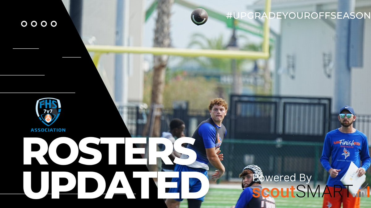 FHS7v7A's tweet image. FHS7v7A Roster Daily Update for 7/14/25 powered by
@scoutSMART_: Member Coaches, Team Rosters have been UPDATED. Next Roster update will be tomorrow. #UpGradeYourOFFSEASON @FlaHSFootball