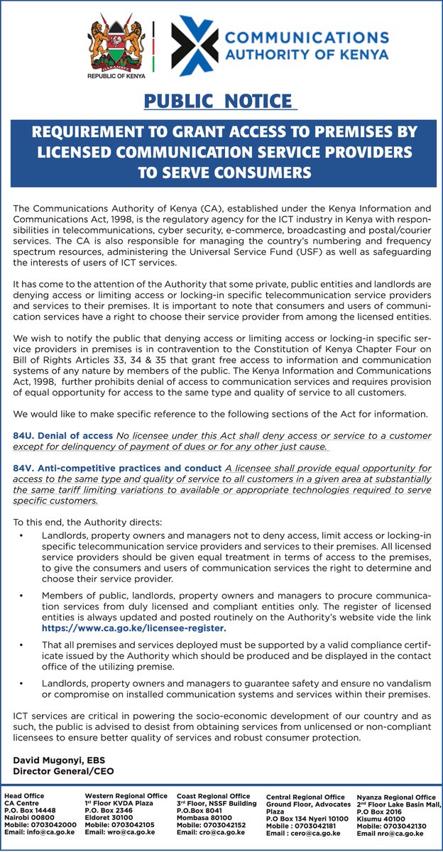 My Gov (@mygovke) on Twitter photo PUBLIC NOTICE
REQUIREMENT TO GRANT ACCESS TO PREMISES BY LICENSED COMMUNICATION SERVICE PROVIDERS TO SERVE CONSUMERS
<a href="/CA_Kenya/">Communications Authority of Kenya (CA)</a> PUBLIC NOTICE
REQUIREMENT TO GRANT ACCESS TO PREMISES BY LICENSED COMMUNICATION SERVICE PROVIDERS TO SERVE CONSUMERS
<a href="/CA_Kenya/">Communications Authority of Kenya (CA)</a>