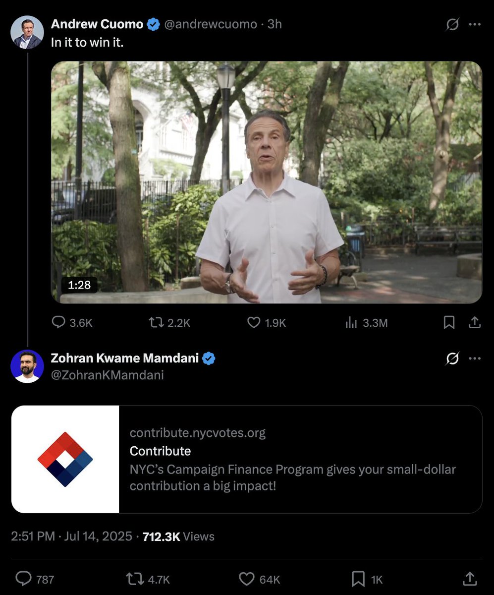 Dexertonox's tweet image. Zohran Mamdani ratios NYC mayoral primary loser Andrew Cuomo's second campaign announcement by posting a link to his own donation page
