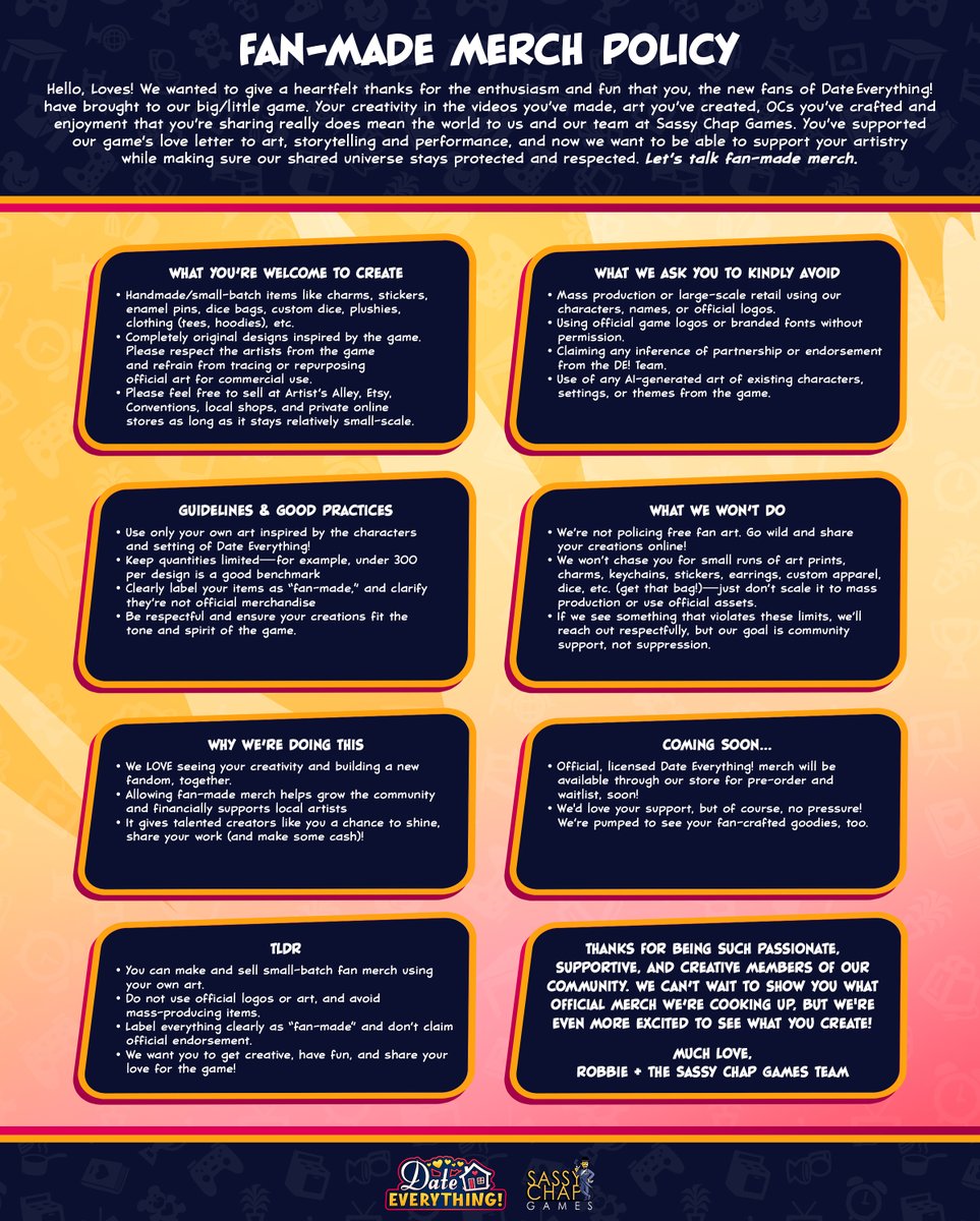Sassy Chap Games (@sassychapgames) on Twitter photo So many of you have been asking, so here is our official Sassy Chap Games fan-made merch policy. Give it a read, then get out there and keep making cool stuff!! Much love! 💓 - <a href="/robbiedaymond/">Robbie Daymond</a> So many of you have been asking, so here is our official Sassy Chap Games fan-made merch policy. Give it a read, then get out there and keep making cool stuff!! Much love! 💓 - <a href="/robbiedaymond/">Robbie Daymond</a>