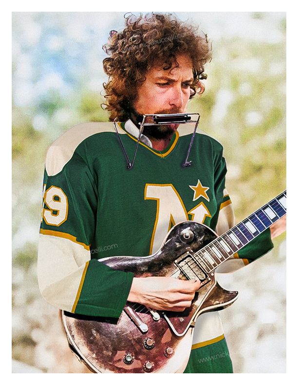Hogamadog (@hogamadog) on Twitter photo Bob Dylan playing at a concert with a North Stars jersey? 🤔(credit: Nick Buccelli Art) Bob Dylan playing at a concert with a North Stars jersey? 🤔(credit: Nick Buccelli Art)