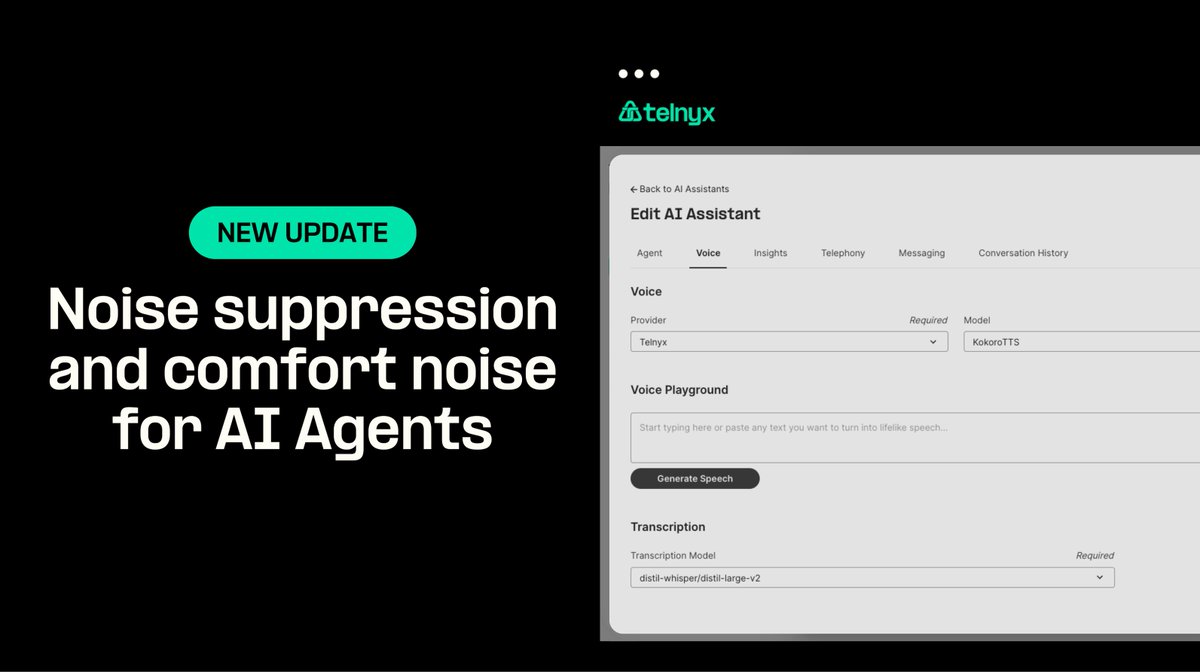 Noisy background? No problem. Telnyx AI Agents now block distractions with built-in noise suppression, automatically filtering out background sounds so your calls sound natural and professional every time.

telnyx.com/release-notes/…

#AIAgents #ConversationalAI #NoiseSuppression